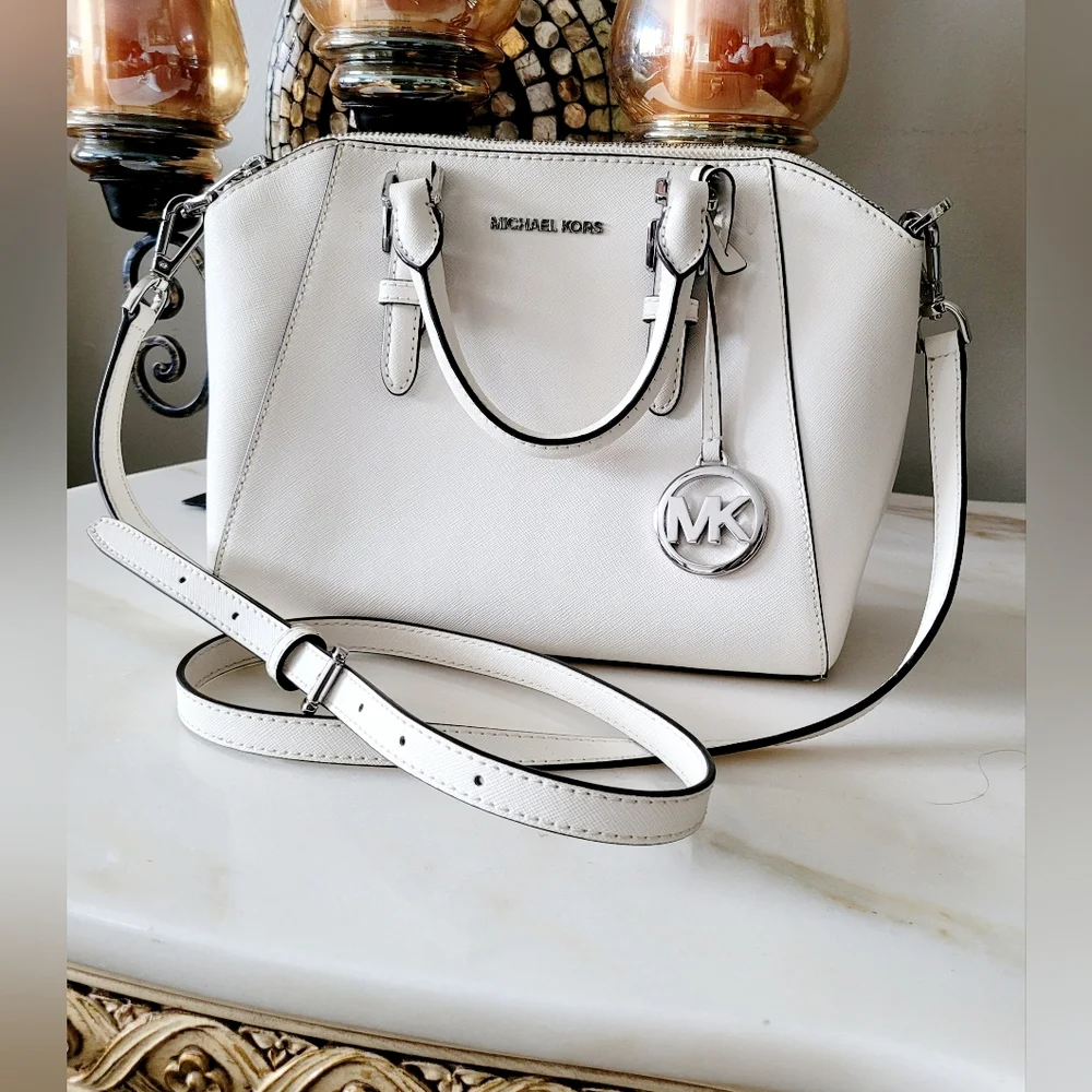 Michael Kors Ciara Optic White Crossbody/Satchel Silver Logo Medium 11